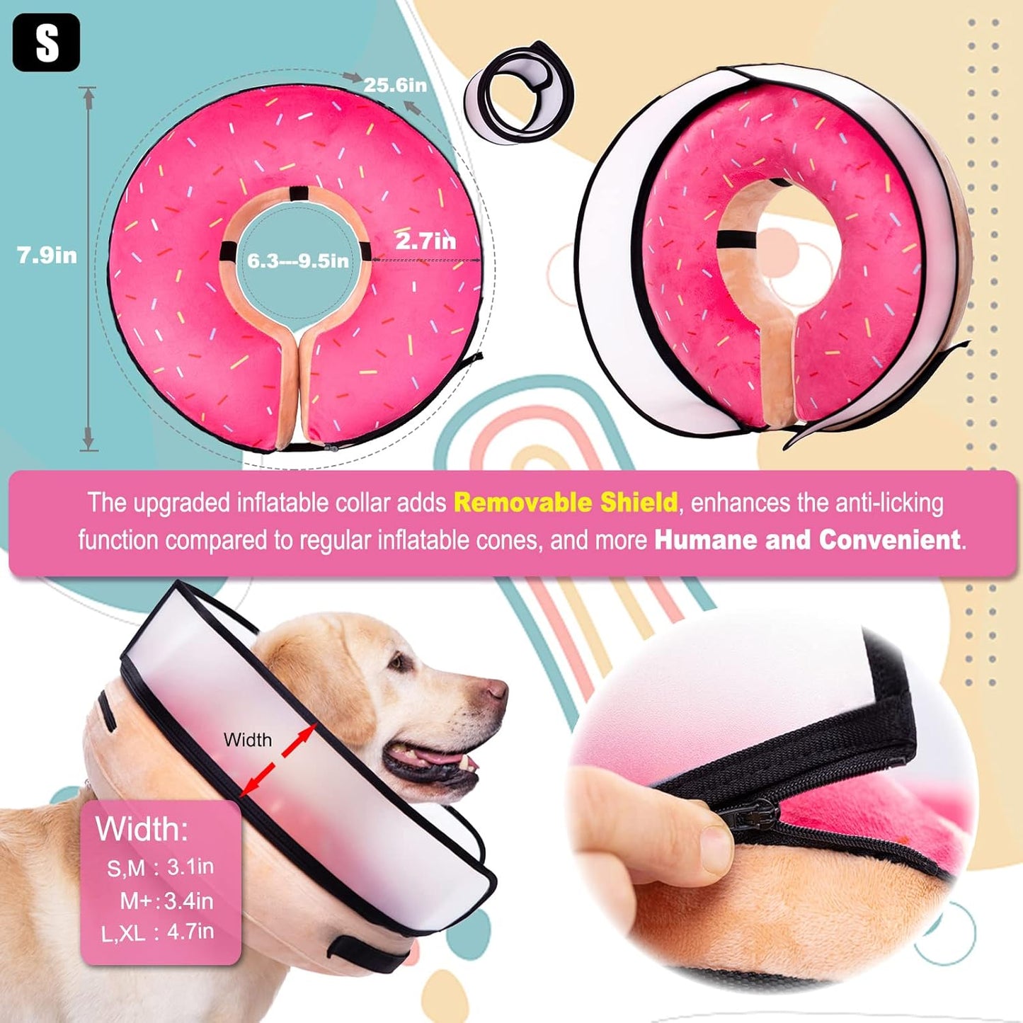Inflatable Dog Cone Collar with Enhanced Anti-Licking, Soft Neck Donut for Dogs Cats, Recovery Pet Cone Collar After Surgery for Large Medium Small Dogs… (Donut Pink, Small)