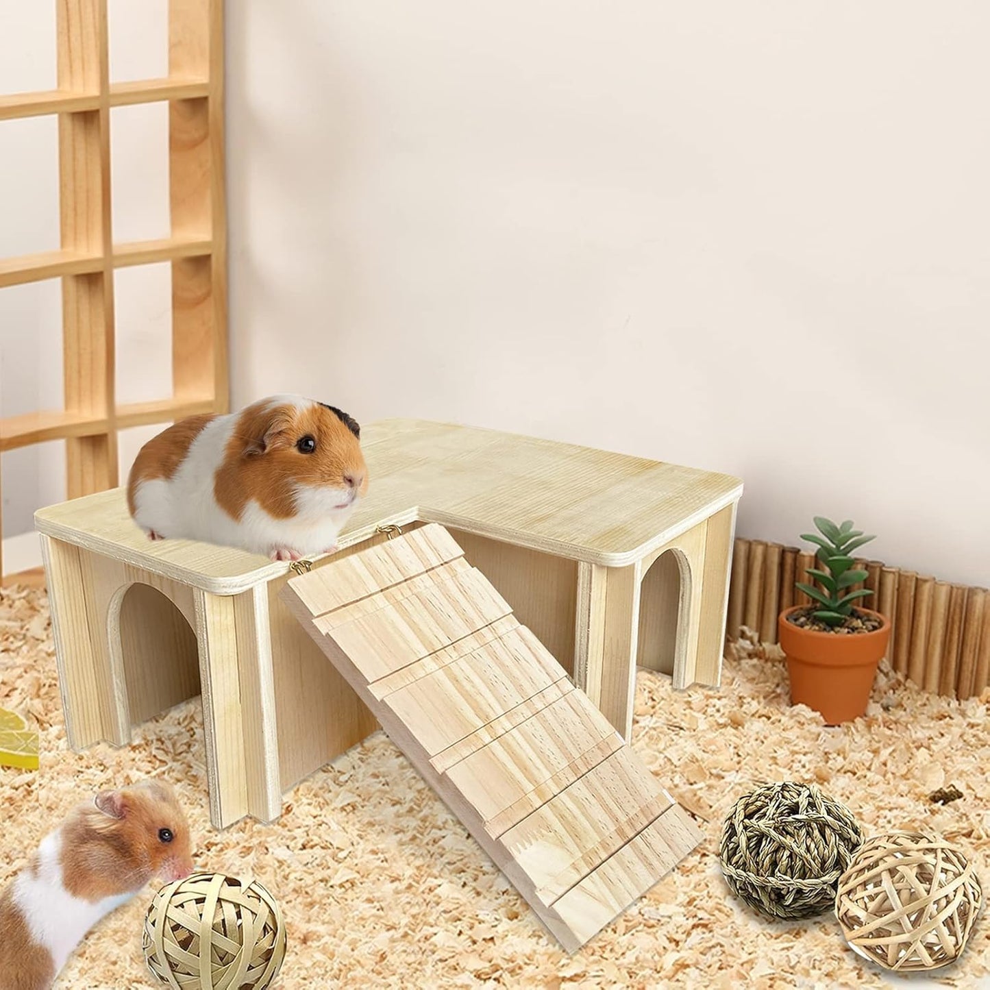 Guinea Pig Hideout and House: Multi Chamber Wooden Guinea Pig Castle with Ladder, Cage Accessories for Chinchilla Dwarf Rabbits Hamster Bunny and Others