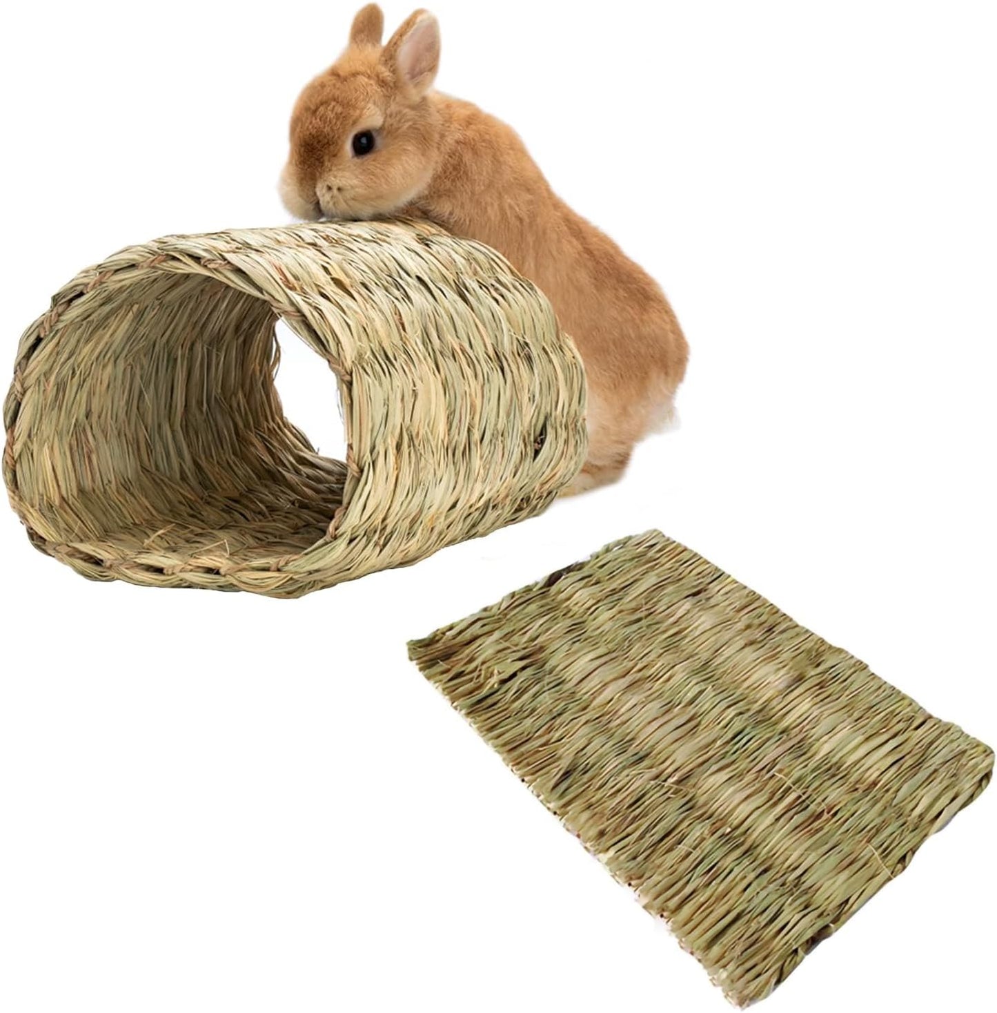 Hamiledyi Rabbit Grass Tunnel,Rabbit Grass Bed Natural Straw Woven Mat Winter Warm Hideaway Hut for Bunny Gerbil Ferrets Chinchilla Guinea Pig