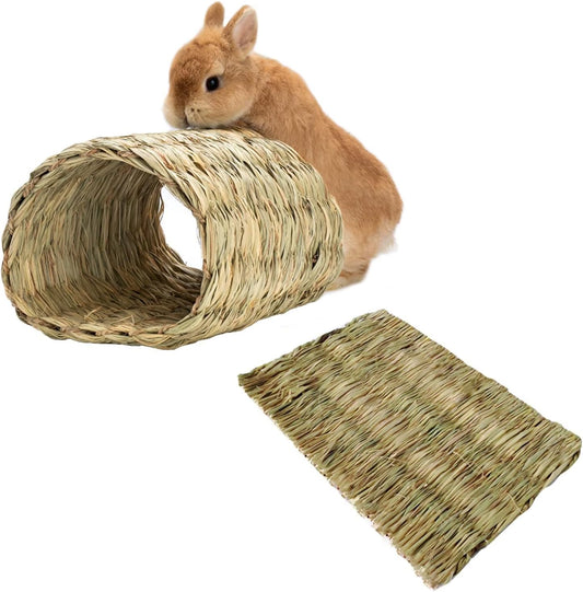 Hamiledyi Rabbit Grass Tunnel,Rabbit Grass Bed Natural Straw Woven Mat Winter Warm Hideaway Hut for Bunny Gerbil Ferrets Chinchilla Guinea Pig