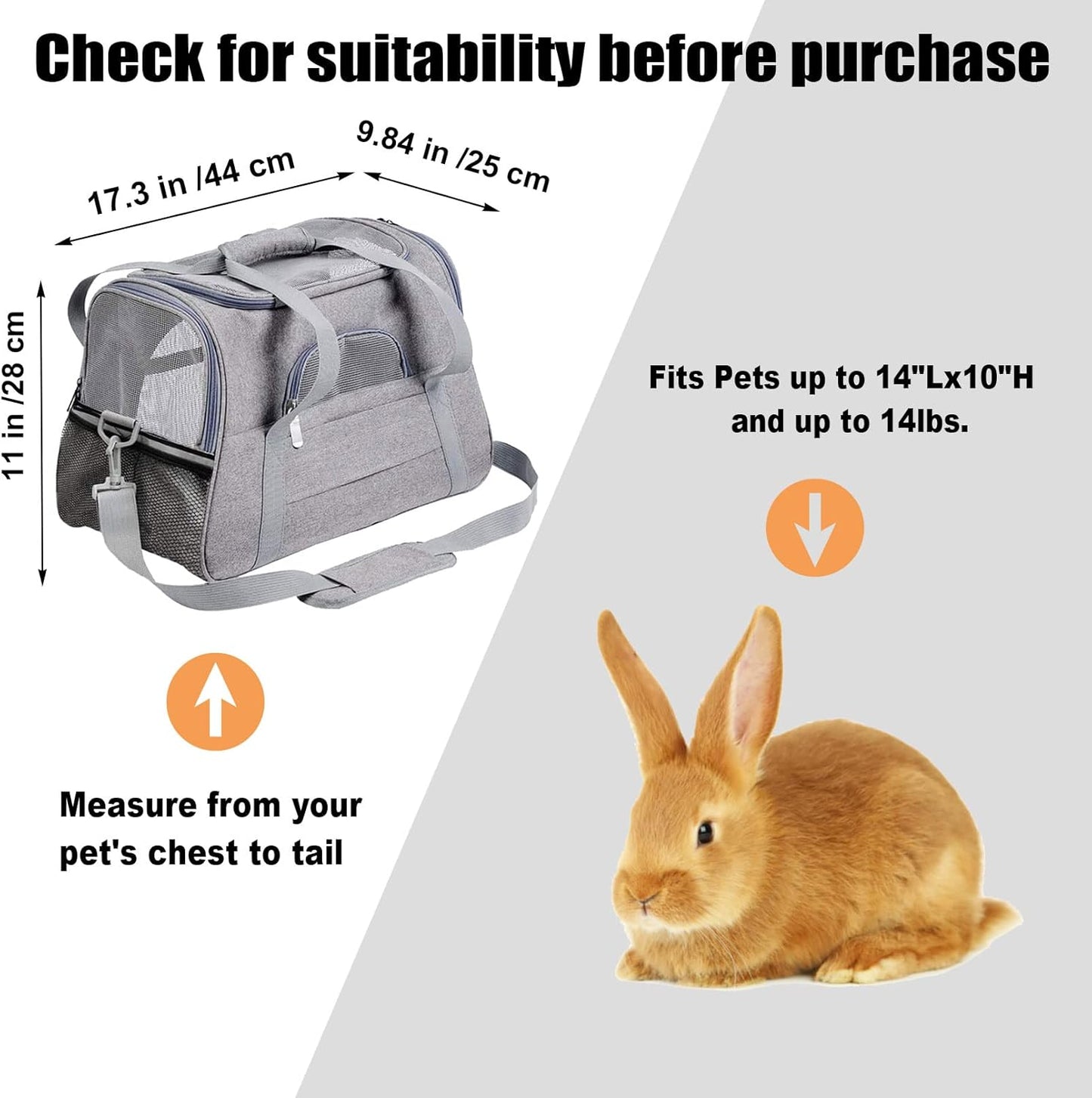 kathson Rabbit Travel Carrier Bag Airline Approved Pet Pocket Breathable Mesh Window Portable Hand Bag with Locking Safety Zippers for Small Dogs Cats Bunnies and Small Animals (Grey)