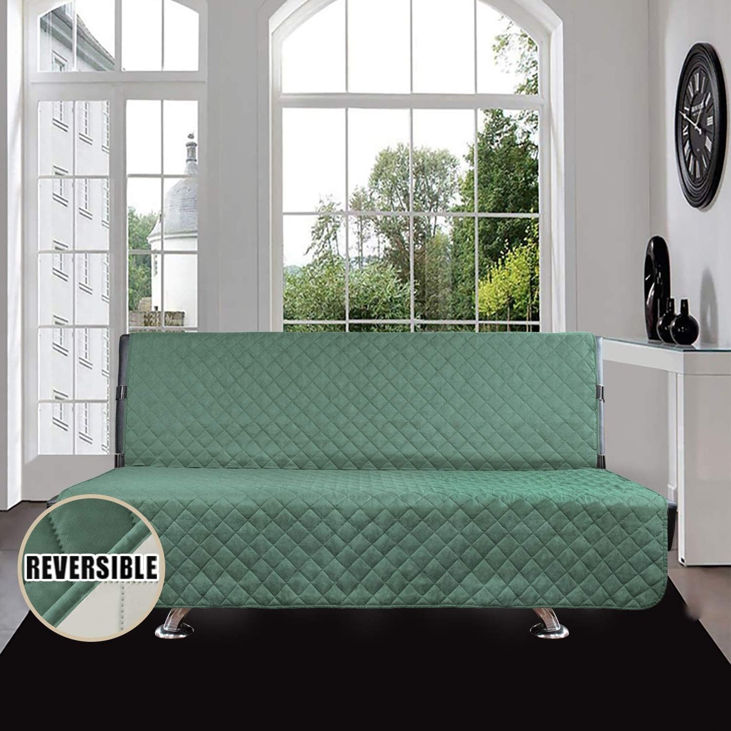 Easy-Going Futon Sofa Slipcover - Reversible Armless Couch Cover - Water Resistant for Pets & Kids (Cyan/Ivory)