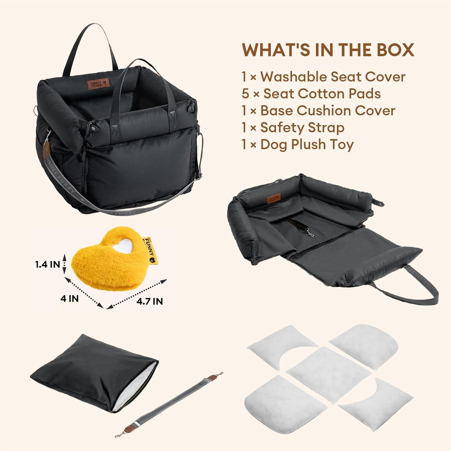 FUNNYFUZZY Dog Car Seat for Medium Sized Dogs, Waterproof 3 in 1 Soft Leather Dog Car Bed for Travel and Home,Portable and Safety,Fits Pets Up to 35 lbs(Black)