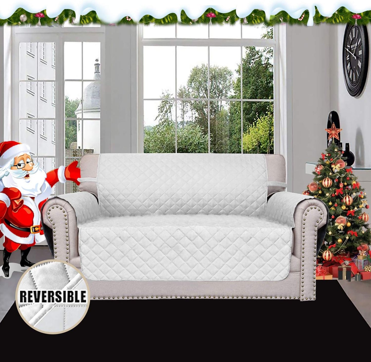 Easy-Going Reversible Loveseat Couch Cover for 2 Cushion Couch Sofa Cover for Dogs Water Resistant Furniture Protector with Foam Sticks Elastic Straps for Pet (Loveseat, White/White)