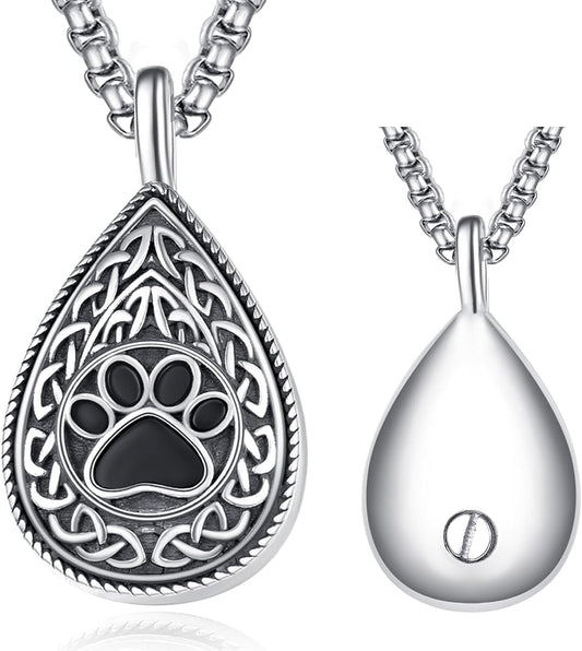 Pet Cremation Urn Necklace for Dog Cat Ashes 925 Sterling Silver Paw Print Keepsake Pendant Celtic Knot Memorial Jewelry for Women Men