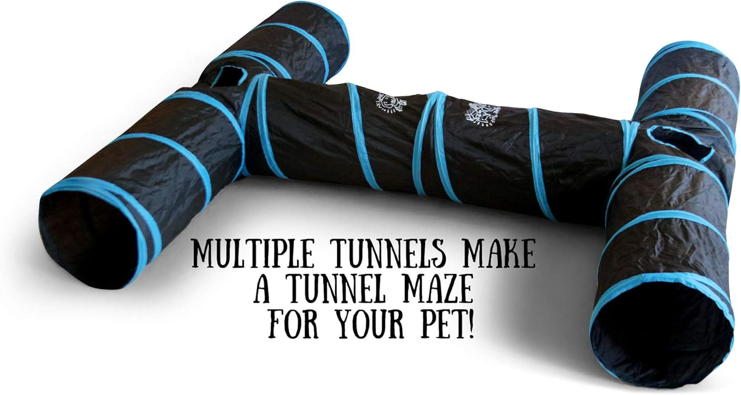 Feline Ruff Premium 3 Way Cat Tunnel. Extra Large 12 Inch Diameter and Extra Long. A Big Collapsible Play Toy. Wide Pet Tunnel Tube for Other Pets Too! (3 Way Two Pack + Teaser Wand!)