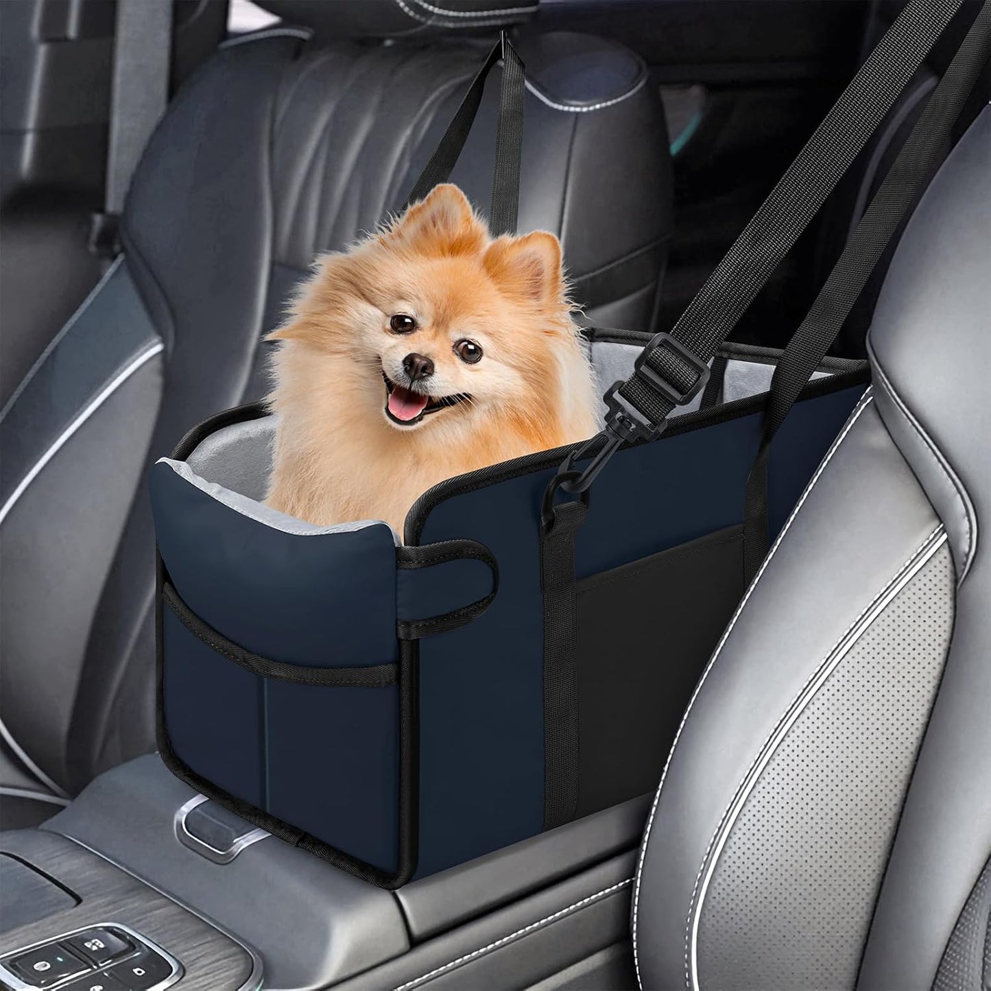 Portable Dog Car Seat for Small Dogs - Adjustable Safety Leash, Washable Cushion & Storage Pocket - Pet Booster Seat for Car Travel- Navy Blue