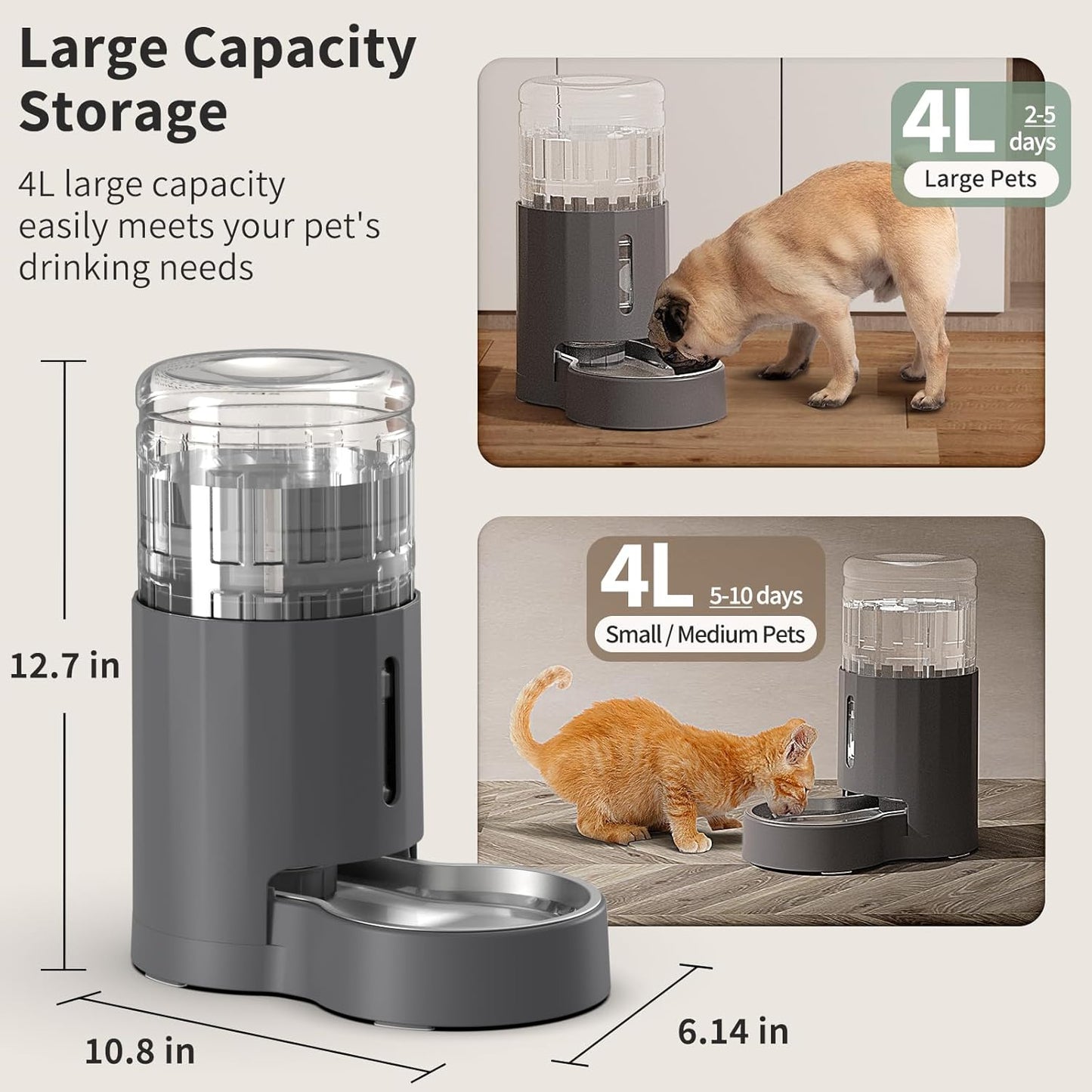 Cat Water Dispenser and Stainless Steel Bowl, Automatic Gravity Water Dispenser for Cats or Small Medium Size Dogs, Large Capacity, Easy to Clean and Safe for Pets