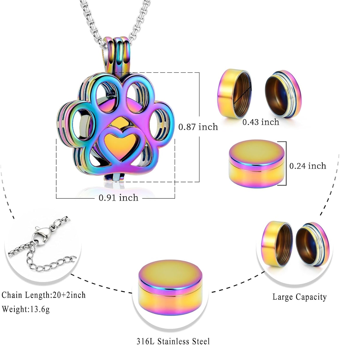 Oinsi Pet Cremation Jewelry For Ashes For Dog/Cat Paw Stainless Steel Memorial Locket Urn Necklace Inside Mini Case Keepsake Cremation Jewelry Women Men