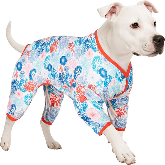 LovinPet Pajamas Outfit, Undershirt for Dog Coats, Lightweight Soft Fabric, Coral Trees and Shells Print, UV Protection Shirt, Easy to Wear Adorable Dog Clothes, Blue, M