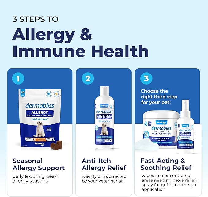 Vetnique Labs Dermabliss Dog Allergy Relief & Immune Support Supplement Allergy Chews for Dogs Itching and Licking with Omega 3 Fish Oil & Probiotics for Itch Relief - Vet Recommended (120 Ct Chews)