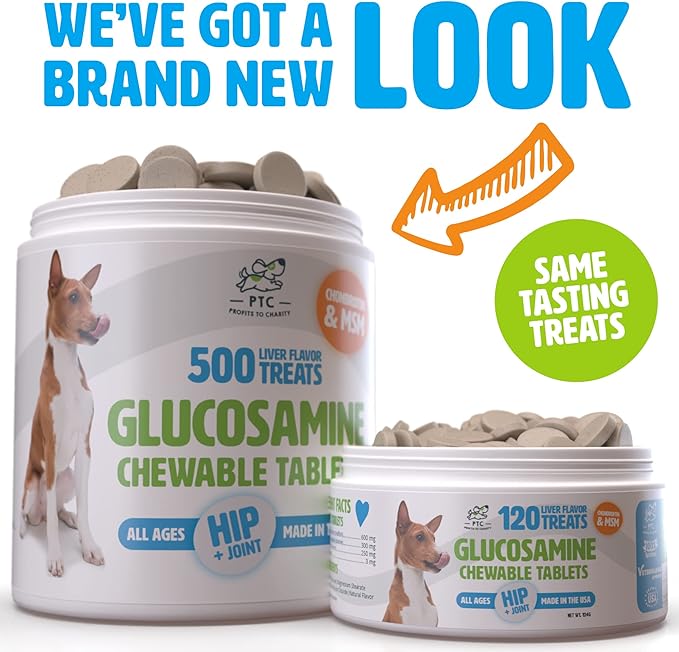 Glucosamine for Dogs with Chondroitin and MSM - Hip and Joint Supplement for Dog Mobility Support and Arthritis Pain Relief - 500 Chewable Tablet Treats by PTC - Profits to Charity