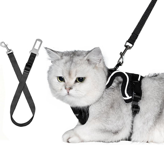 Cat Harness and Leash Set, Cat Car Harness, Soft and Breathable Vest with Reflective Strip, Anti Escape Adjustable Cat Harness, Easy to Wear for Cats Walking and Traveling, Black, M