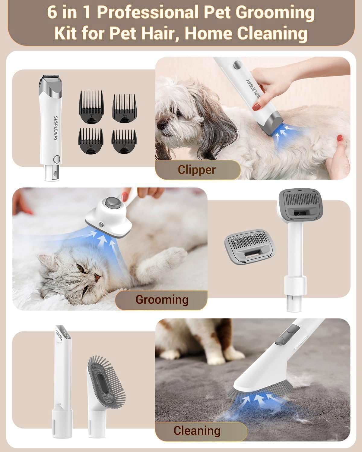 Dog Vacuum Grooming Kit for Shedding: Professional Hair Clippers Pet Groomer - Strong Suction Cleaner Deshedding Tool Fur Brush Attachment Trimmer for Home Cat (Cream White)