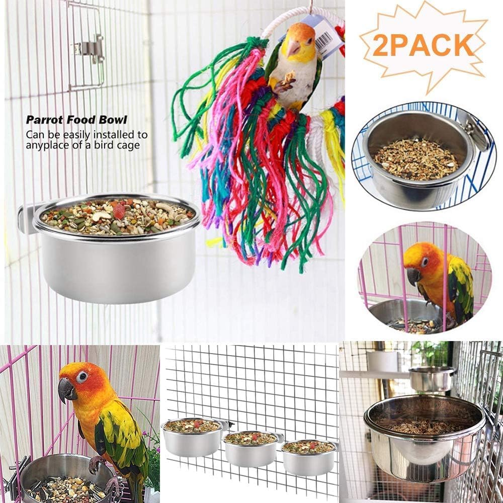 kathson 2 Pack Bird Feeding Dish Cups, Stainless Steel Parrot Feeders Water Cage Bowls with Clamp Holder Bird Feeders for Parakeet Cockatiels Conure Budgies Lovebird Finch and Small Animals