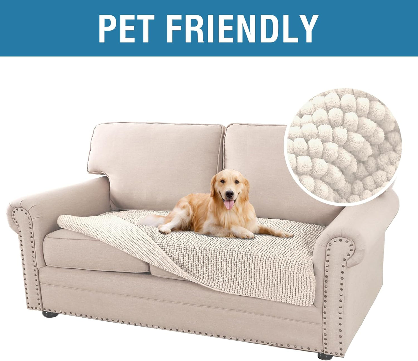 H.VERSAILTEX Plush Chenille Dog Bed Cover Thick Soft Sofa Covers Loveseat Cover for 2 Cushion Couch Anti Slip Couch Cover Furniture Protector for Dog, Pet, Cat (35" x 62", Ivory)