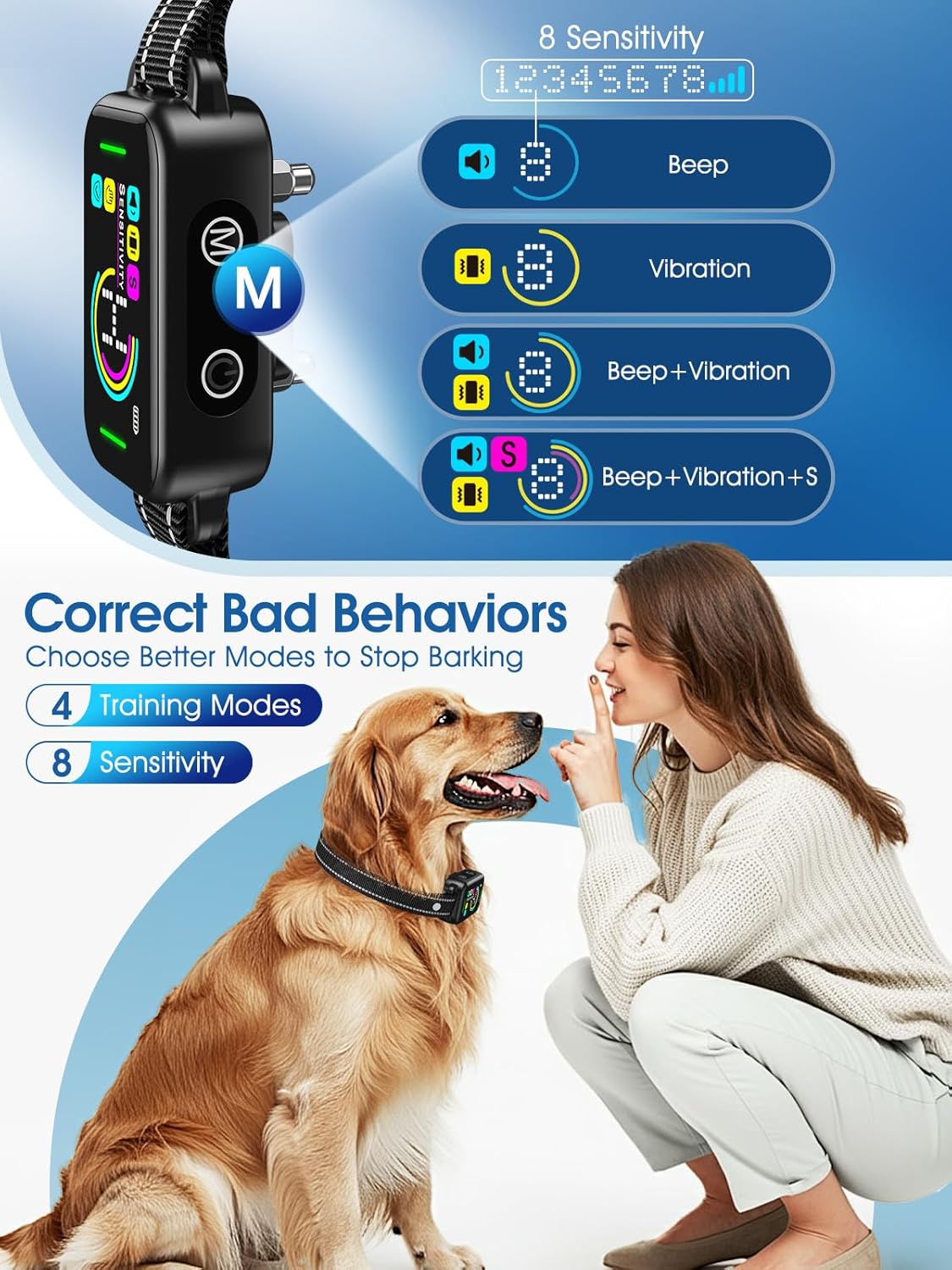 DINJOO Dog Bark Collar for Large/Medium/Small Dogs | Rechargeable Smart AI Anti-Barking Training Collar with 8 Adjustable Sensitivity, Beep & Vibration Modes | Solves Excessive Barking - Dark Black