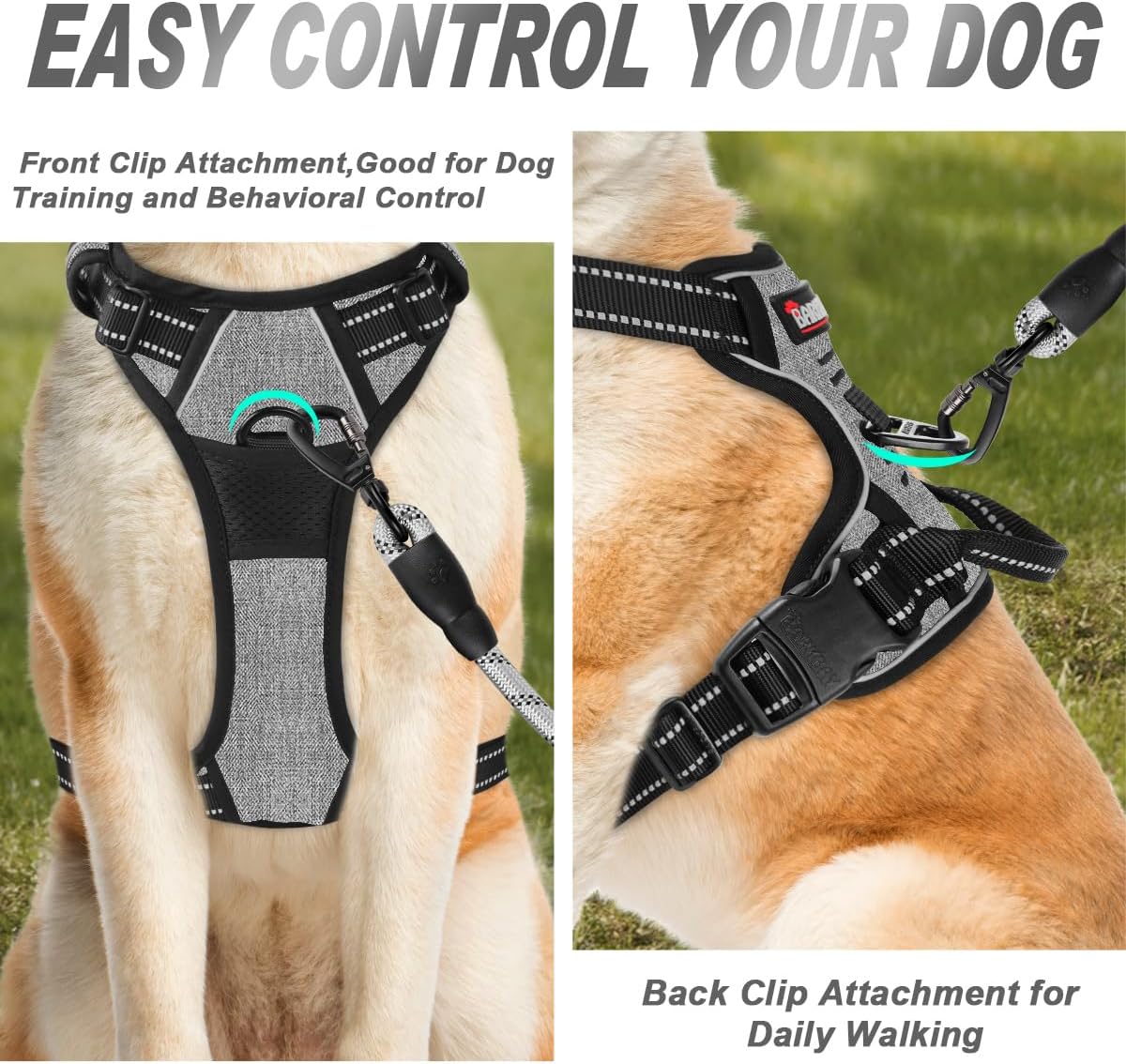 BARKBAY No Pull Dog Harness Front Clip Heavy Duty Reflective Easy Control Handle for Large Dog Walking(Dark Grey,M)