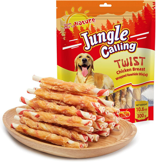 Jungle Calling Dog Treats, Natural Chicken Wrapped Rawhide Sticks, Grain-Free Training Rewards Chews for Small and Medium Puppy,10.6oz