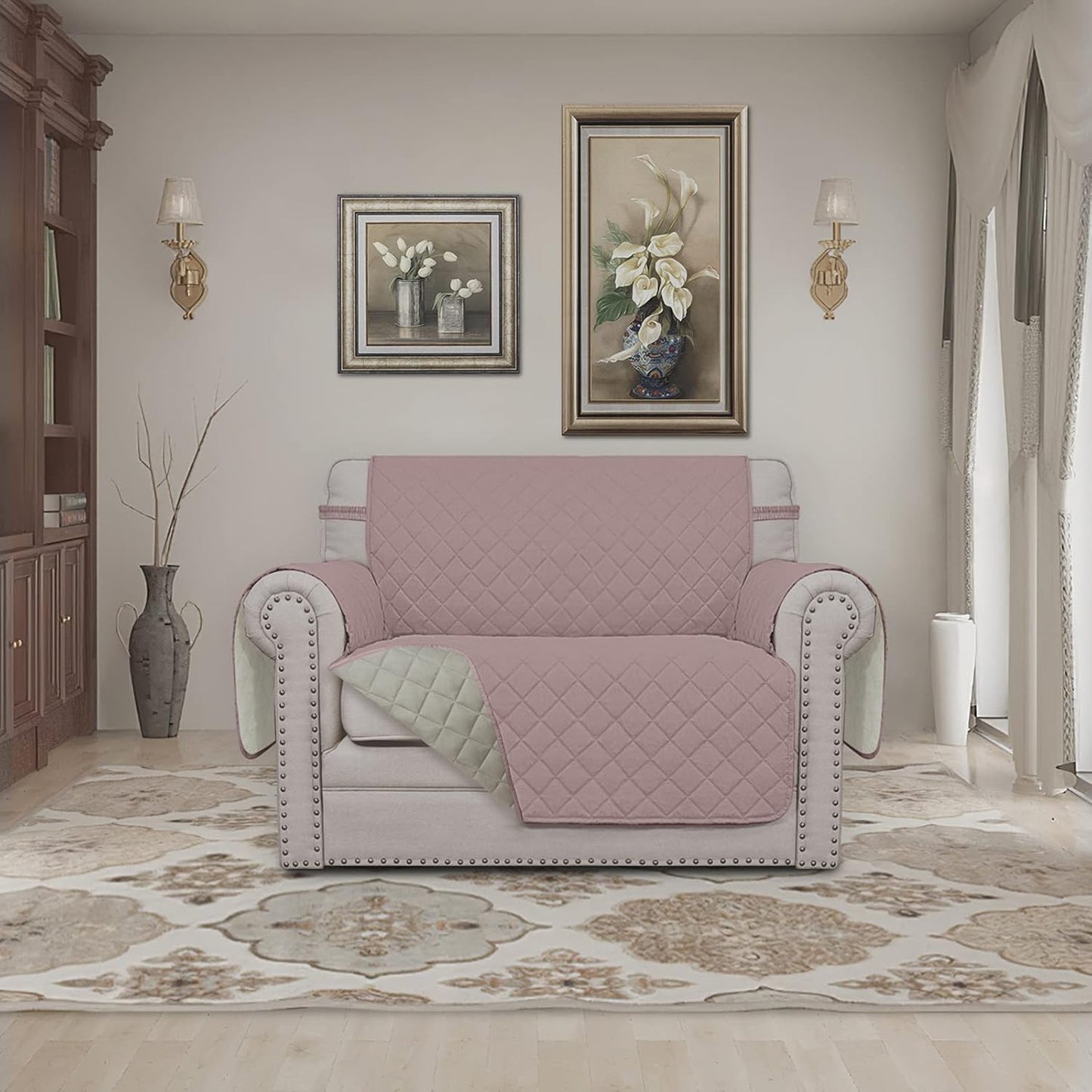 Easy-Going Oversized Chair Sofa Slipcover Reversible Sofa Cover Water Resistant Couch Cover Furniture Protector Cover with Elastic Straps for Pets Dog (Oversized Chair, Pink/Beige)