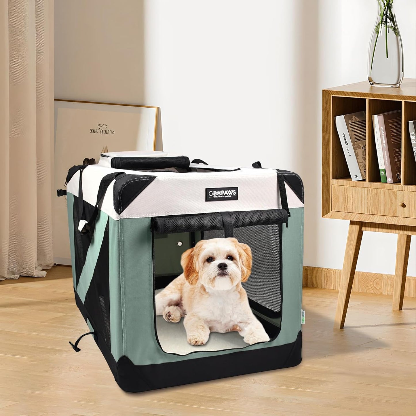 JESPET Soft Dog Crates Kennel for Pets, 3 Door Soft Sided Folding Travel Pet Carrier with Straps and Fleece Mat for Dogs, Cats, Rabbit, Indoor&Outdoor Use(5-Shale Green, Small(24"L x 16.5"W x 16.5"H))