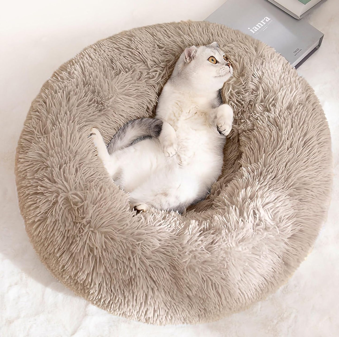 Cat Bed for Indoor Cats and Small Medium Dogs - Washable 20/24 Inches, Round Fluffy Plush Faux Fur, Anti-Anxiety, Thick Bottom (Light Brown, Medium)