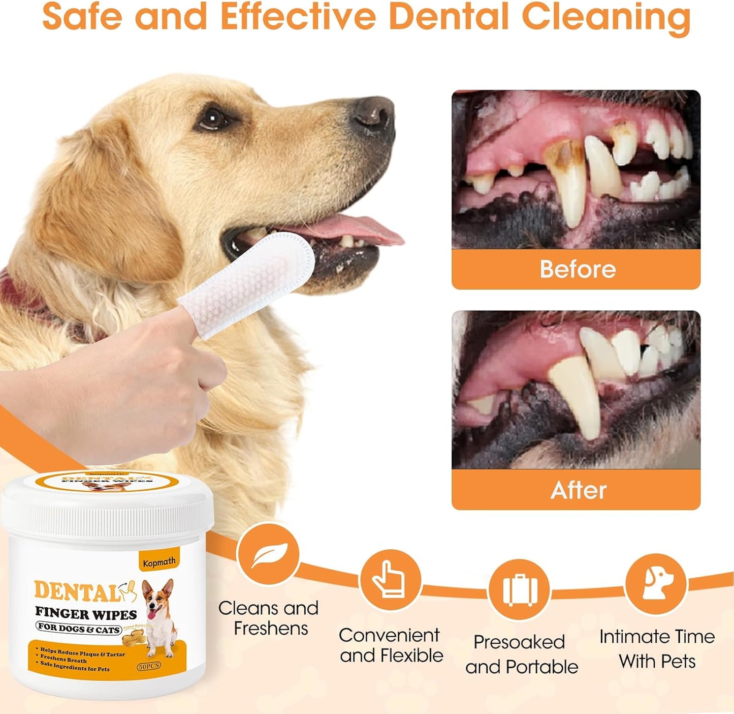 Dental Care Finger Wipes for Dogs & Cats, Reduces Plaque & Tartar Freshens Breath, Pre-Soaked Pet Teeth Wipes, Easy to Use Disposable Oral Cleaning Pads, Peanut Flavor