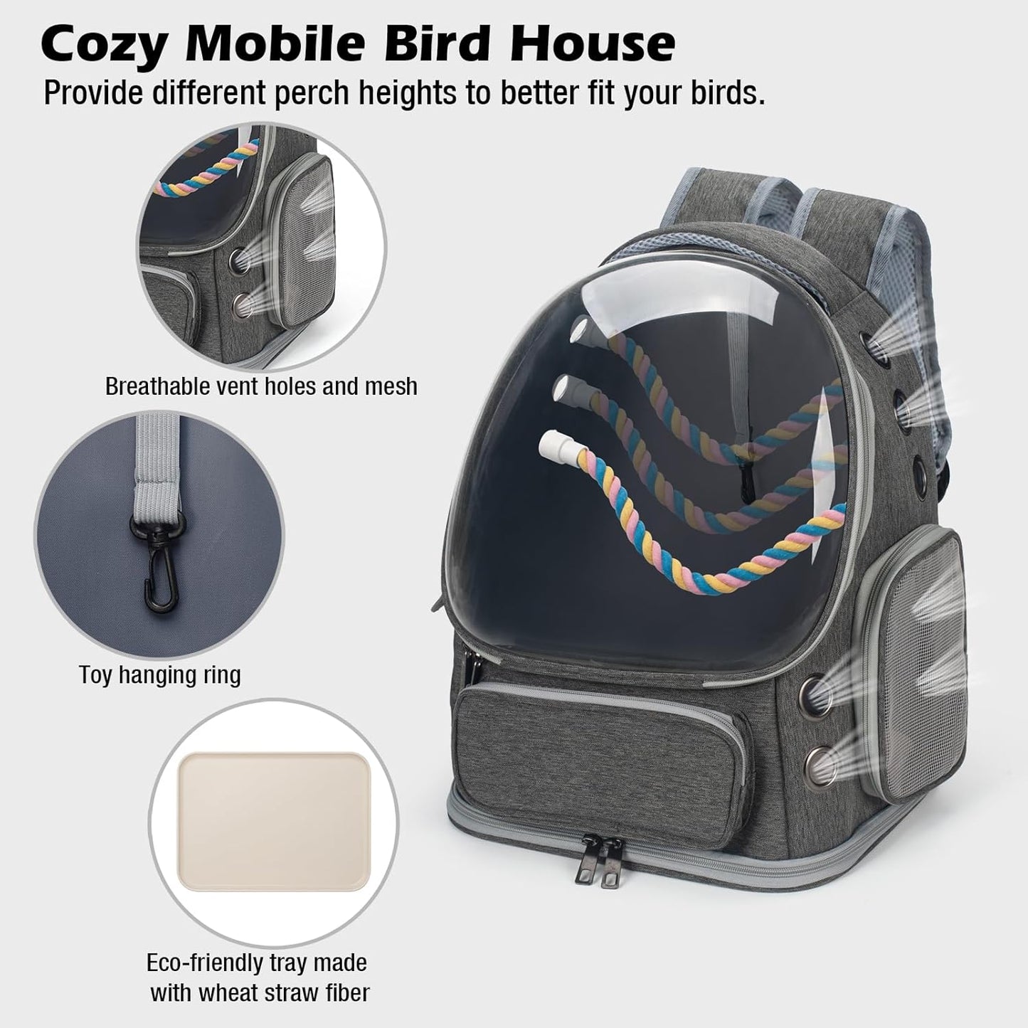 Bird Backpack Carrier Travel Cage with Perch, Tray and Breathable Clear Window, Bird Travel Cage for Cockatiel Caique Conure Quaker, for Vetting Camping Hiking (Grey)