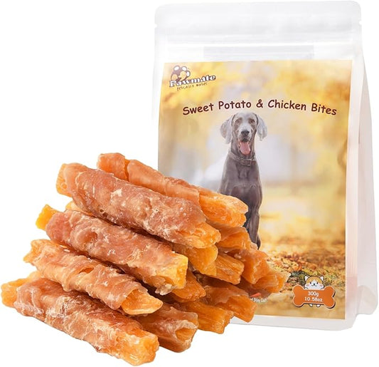 Chicken Jerky Wrapped Sweet Potato Dog Treats w/Taurine, Healthy Dog Snacks Low Fat High Protein, Chewy Training Rewards Treats for Small Medium Large Breeds,10.6 oz, 13-17 Counts