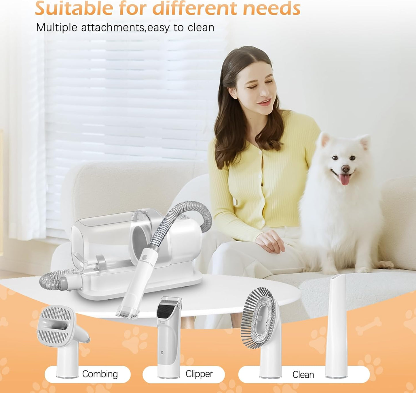 Grooming Kit with 2.3L Vacuum Suction 99% Pet Hair, Pet Grooming Vacuum Low Noise with 5 Tools and 4 Different Lengths Clipper Guards for Dog Cat (White)