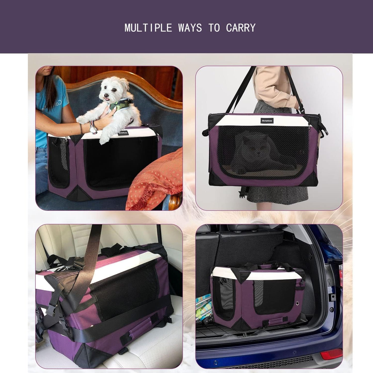 Large Cat Carrier, Collapsible Dog Travel Crate Portable Soft-Sided Pet Carrier with Super Soft Warm Plush Mat for Indoor and Outdoor 20x14x14in,Purple