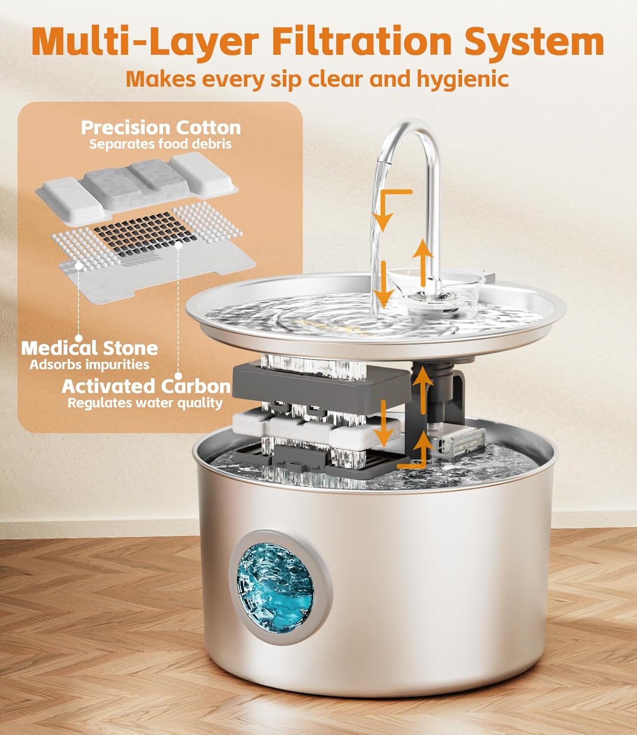 Cat Water Fountain Stainless Steel 108oz/3.2L with 13 Filters Automatic Pet Water Fountain for Cats/Dogs Indoor Ultra Quiet Metal Cat Fountains for Drinking Kitty Watering Supplies for Animals