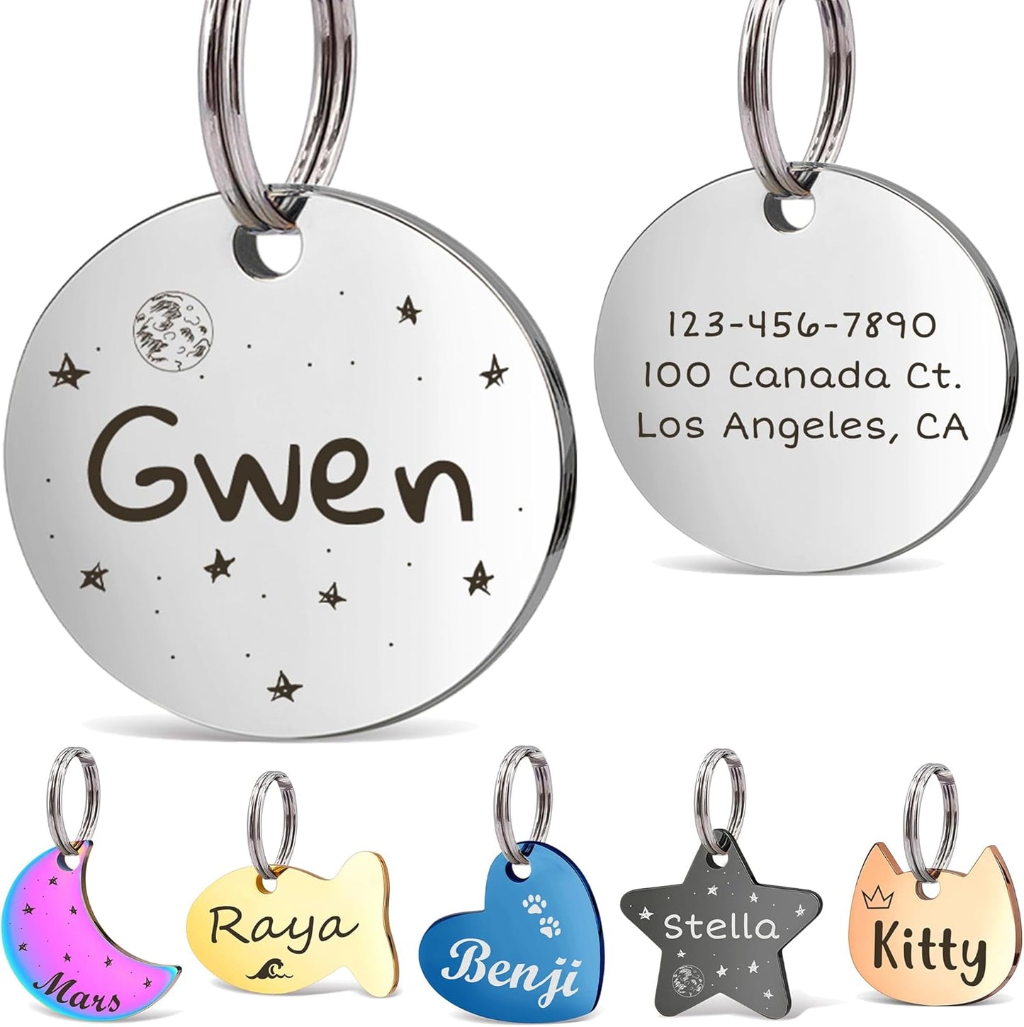 Anavia Small Size Dog Cat ID Tags, Small/XS Personalized Color Plated Stainless Steel Puppy Kitten Name Tags, Customized Engraved Nameplate Pet Collar Tag (Silver, Round)