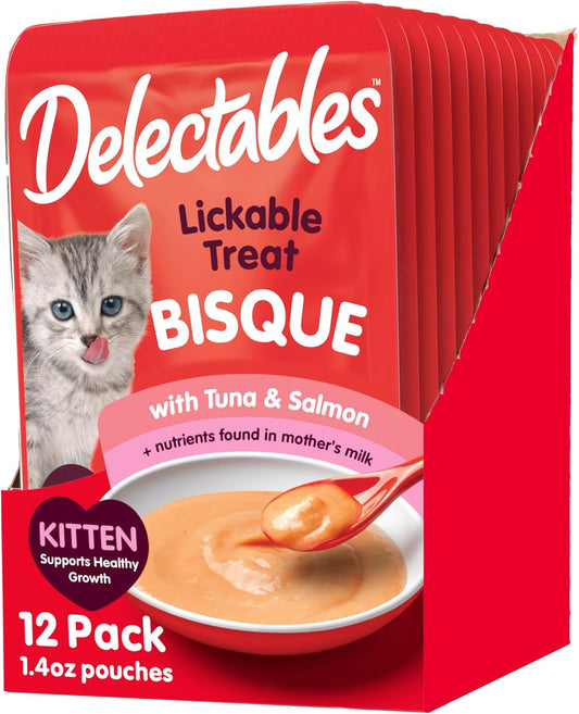Hartz Delectables Bisque for Kittens, Complete & Balanced Tuna & Salmon Cat Wet Lickable Treats, 12 Count