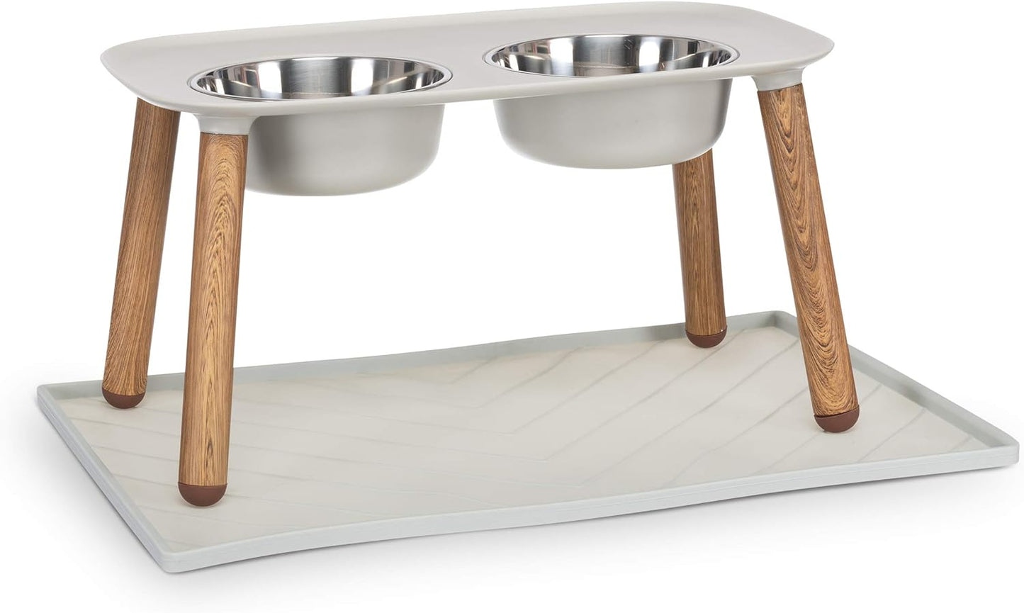 Messy Mutts Silicone Non-Slip Dog Bowl Mat with Raised Edge and Two Sides Reinforced with Metal Rods | Dog/Cat Bowl Mat with Spill-Proof Lip | Medium, 20” x 12” | Blue