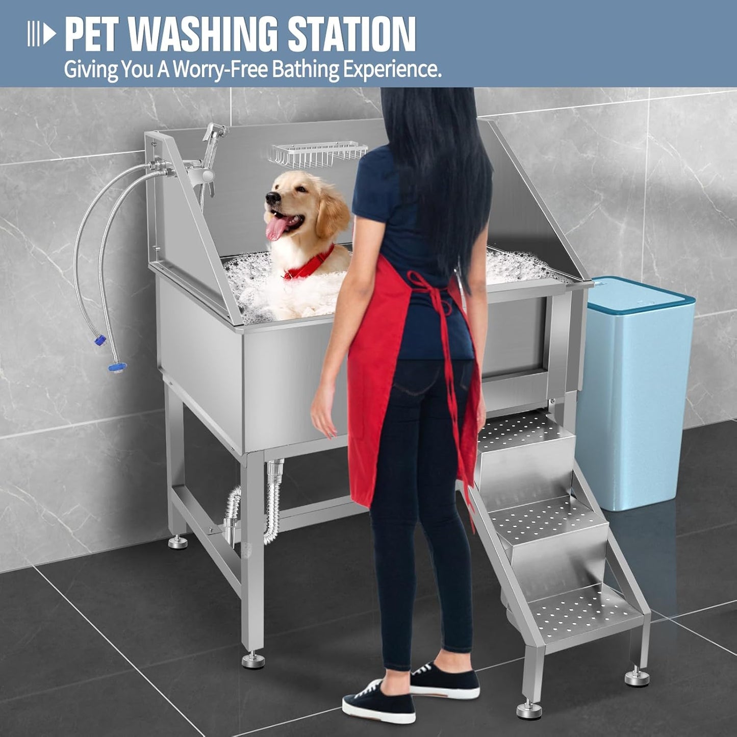 38" Pet Dog Bathing Station w/Ramp, Professional Stainless Steel Dog Grooming Tub w/Storage Drawer, Floor Grate, Faucet, Dog Bathtub for Large,Medium,Small Pets, Washing Sink for Home