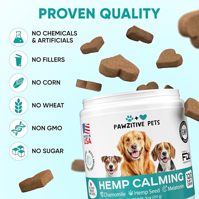 Hemp Calming Chews for Dogs - Dog Calming Chews for Anxiety Relief, Stress, Separation, Fireworks, Thunder, Travel, Vet Visits - USA Product - 120 Soft Treats with Melatonin, Chamomile, Passion Flower