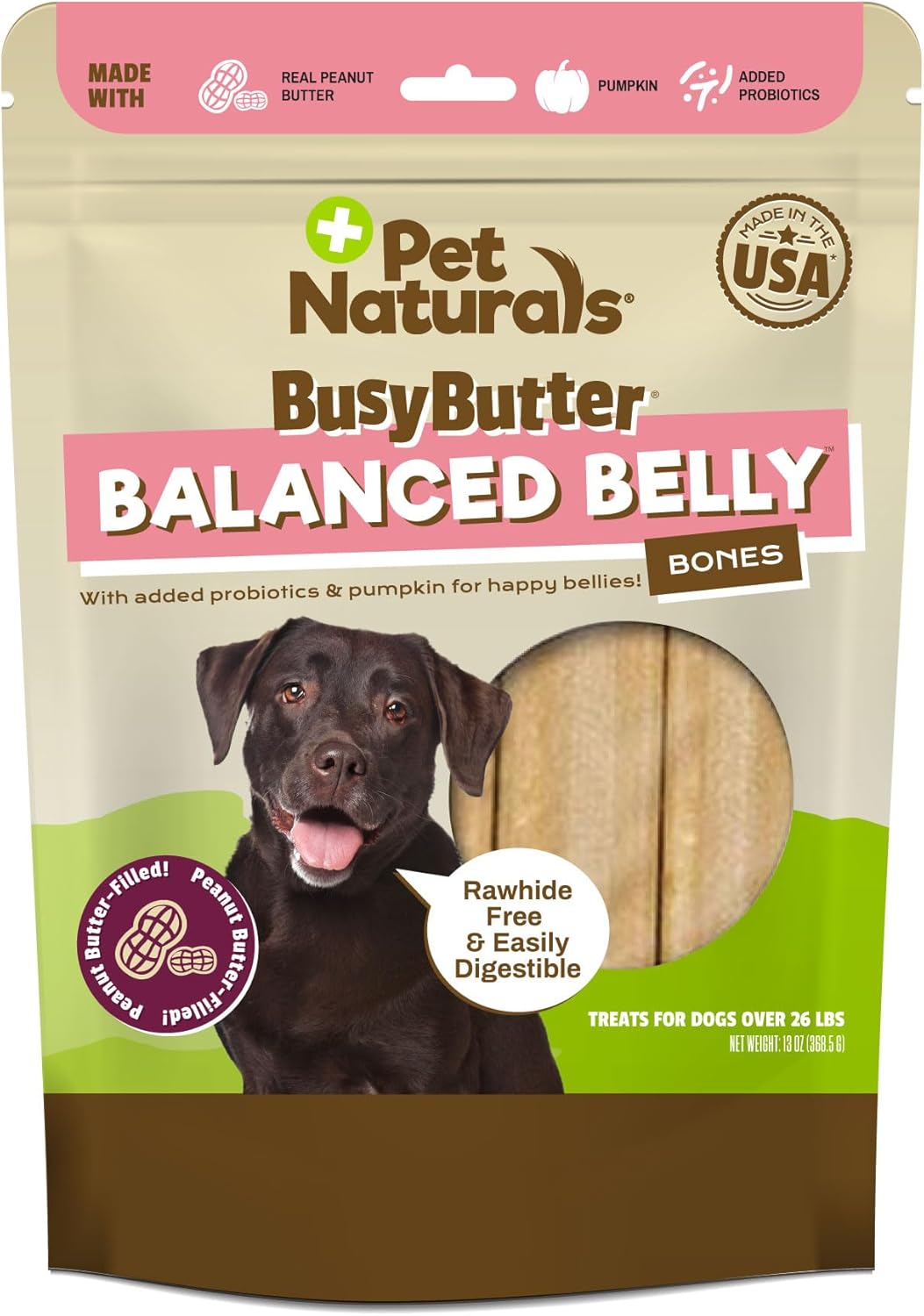 Pet Naturals BusyButter Balanced Belly Peanut Butter Bones, Rawhide-Free Chews for Medium/Large Dogs, Long Lasting Chew Bones, Probiotics & Pumpkin for Gut Health, 4 Count