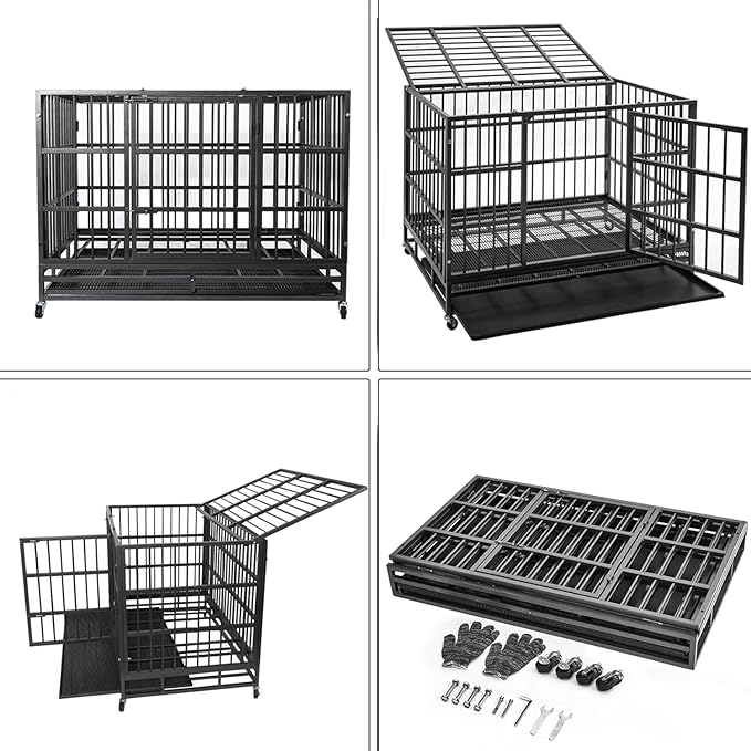 Oranland 48/38 Inch Heavy Duty Dog Crate Cage Kennel with Wheels, High Anxiety Indestructible, Sturdy Locks Design, Double Door and Removable Tray, Extra Large XL XXL