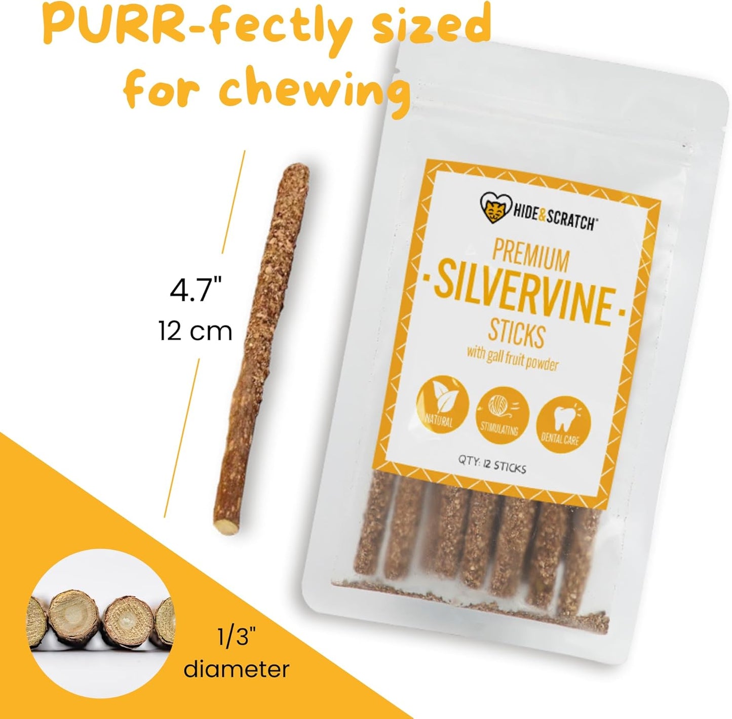 Hide & Scratch Premium Silvervine Sticks for Cats with Gall Fruit Powder for Extra Potency; Cat Enrichment Cat Chew Toy and Dental Sticks - More Effective Than Catnip Toys! (12 ct)