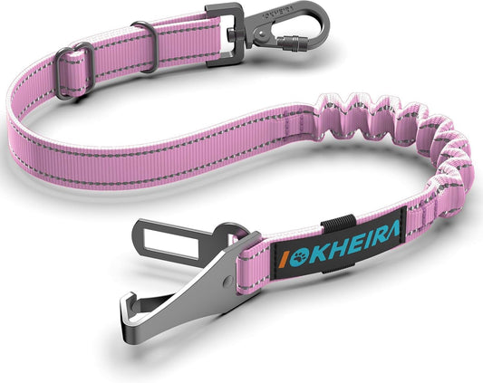 IOKHEIRA Dog Seat Belt 3-in-1 Car Harness for Pets Adjustable Safety Seatbelt Nylon Reflective Bungee Fabric Dog Car Harness with Clip Hook Latch & Buckle, Swivel Zinc Alloy Carabiner (Pink)