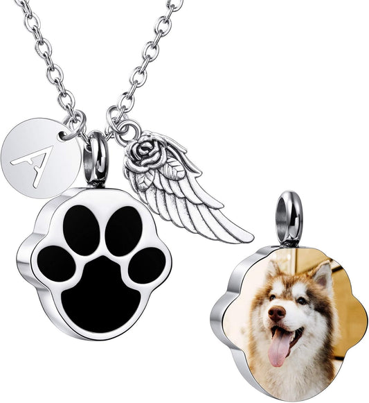 MeMeDIY Personalized Heart Paw Print Ashes Urn Pendant Necklace Custom Name/Photo/Date for Women Men Pet Lover Stainless Steel Memorial Dog Cat Pet Keepsake with Funnel Fill Kit Angel Wing