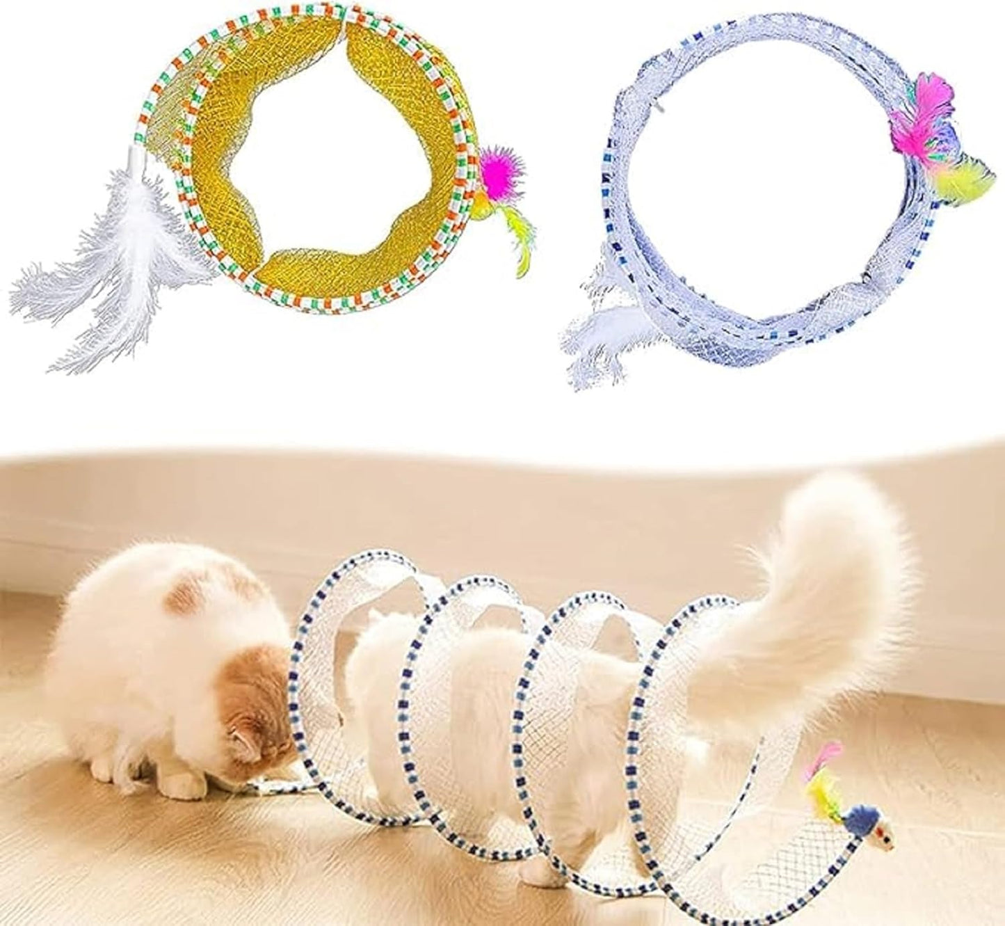 Folded Cat Tunnel Toy for Indoor Cats, 2 PCS Collapsible Pet Spring Cat Toys with Feather Mouse Upgrade Interactive Toy Playing Tent for Puppy Kitten Accessories Home