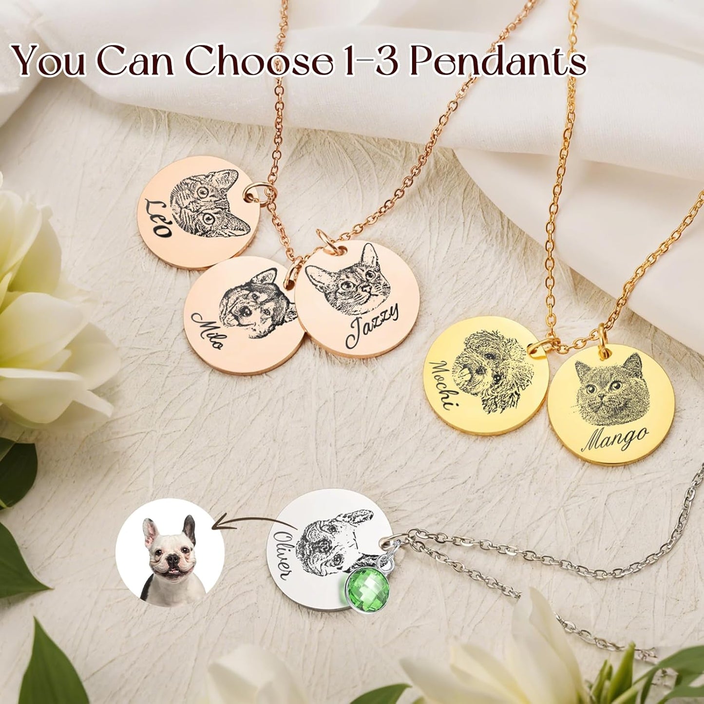 Personalized Pet Portrait Necklace Customized Pet Memorial Necklaces Dog Necklace for Women Custom Pets Necklaces Dog Memorial Jewelry for Dogs Dad (Silver, 2 Portrait)