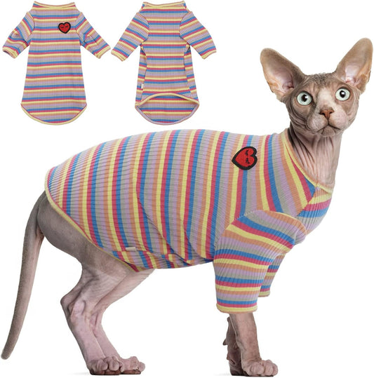 DENTRUN Hairless Cats Shirt Breathable Cat Daily Wear Clothes Stripe Vest Adorable Pajamas Jumpsuit Soft & Skin-Friendly