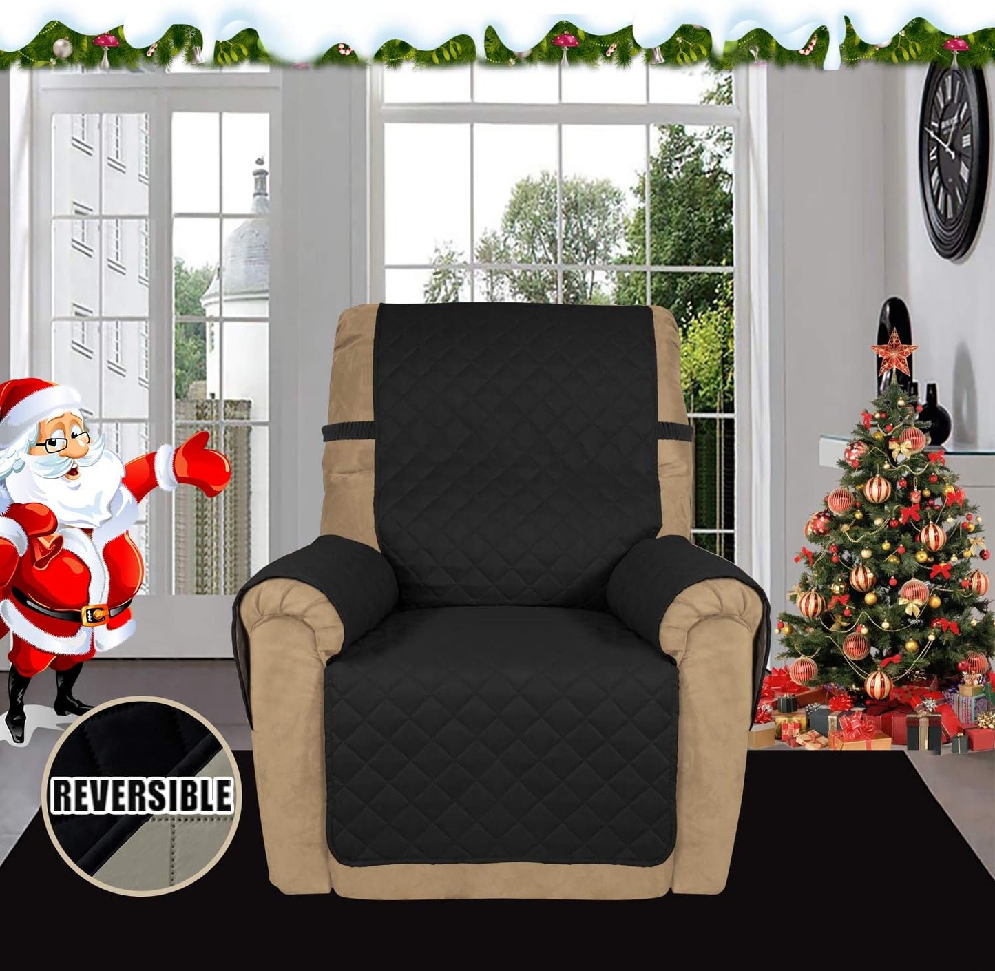 Easy-Going Recliner Sofa Slipcover Reversible Sofa Cover Water Resistant Couch Cover Furniture Protector with Elastic Straps for Pets Kids Children Dog Cat (Recliner, Black/Beige)