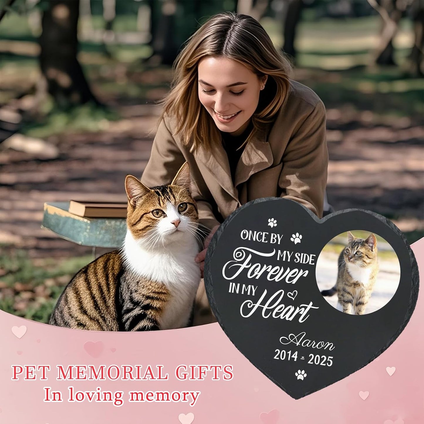 Personalized Pet Memorial Stone - Heart-Shaped Custom Cat Grave Marker with Engraved Name & Photo - Pest Grave Stone for Remembrance Dog/Cat Passing Away Sympathy Gifts (Style F)