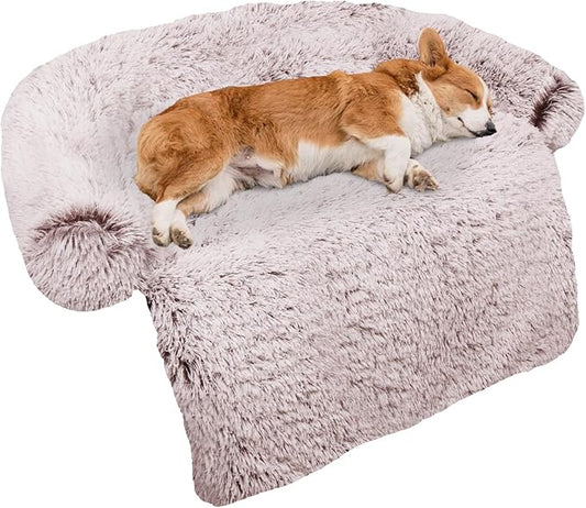 GGIB Calming Dog Bed Fluffy Plush Dog Mat for Furniture Protector with Removable Washable Cover for Large Medium Small Dogs and Cats (Medium, Rust White)
