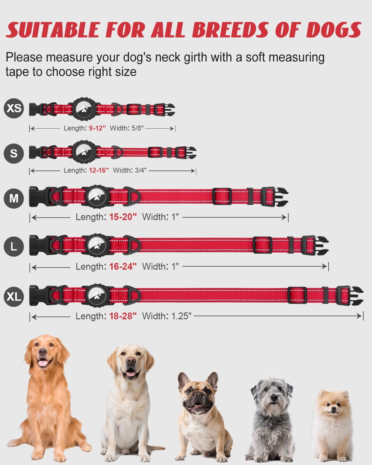 Joytale Airtag Dog Collar, Reflective Pet Collar with Waterproof AirTag Holder, Dual D-Rings, Soft Padded Adjustable for Extra Large Dogs, Red, XL