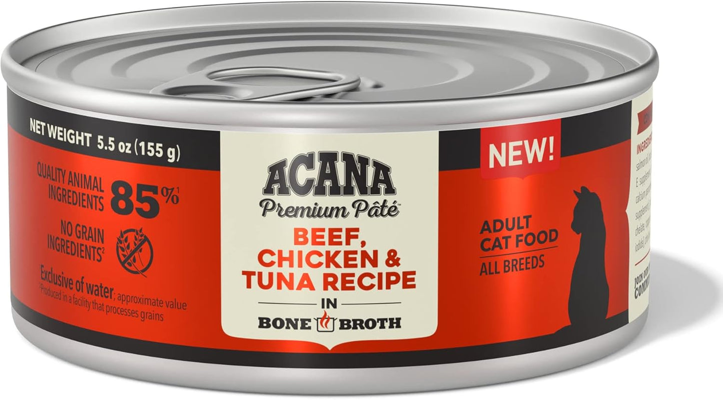 ACANA Premium Pate Wet Cat Food in Bone Broth Beef Chicken + Tuna Recipe 5.5oz Cans (12 count)